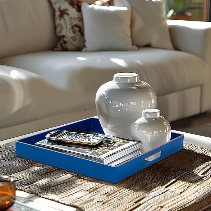 MAONAME Decorative Tray, Royal Blue Serving Tray with Handles, Coffee Table Trays, Square Plastic Trays for Ottoman, Bathroom, Kitchen, 13" x 13" x 1.57"