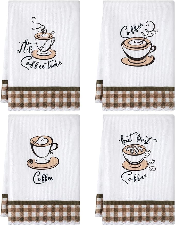Ferraycle 4 Pieces Kitchen Dish Cloths Coffee Kitchen Hand Towels Absorbent Tea Towels 24 x 16 Inches, Cafe Lover Gift Bar Decorative Dish Cloths Rags, for Farmhouse(Mainly White,Cup Pattern)