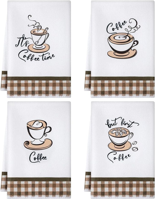 Ferraycle 4 Pieces Kitchen Dish Cloths Coffee Kitchen Hand Towels Absorbent Tea Towels 24 x 16 Inches, Cafe Lover Gift Bar Decorative Dish Cloths Rags, for Farmhouse(Mainly White,Cup Pattern)