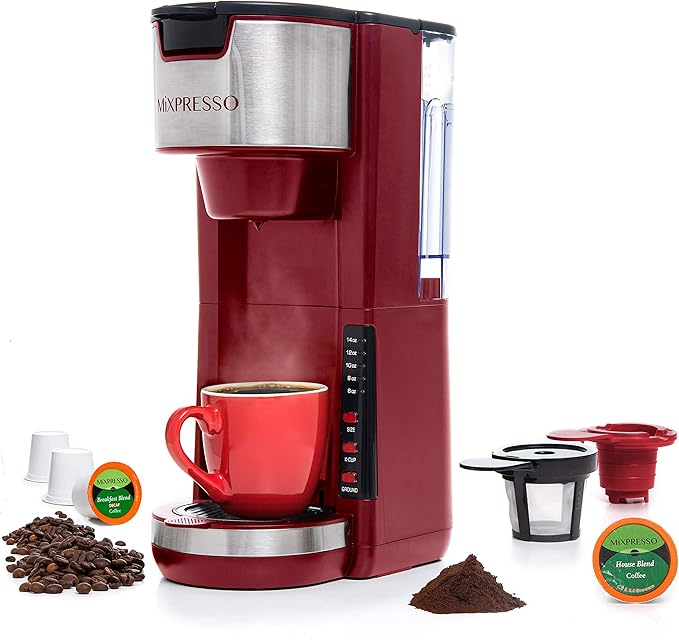 Mixpresso Red Single Serve Coffee Brewer K-Cup Pods Compatible & Ground, 30 oz Compact Coffee Maker Single Serve With 5 Brew Sizes Up To 14 Oz, Fits Travel Mug, Adjustable Drip Tray