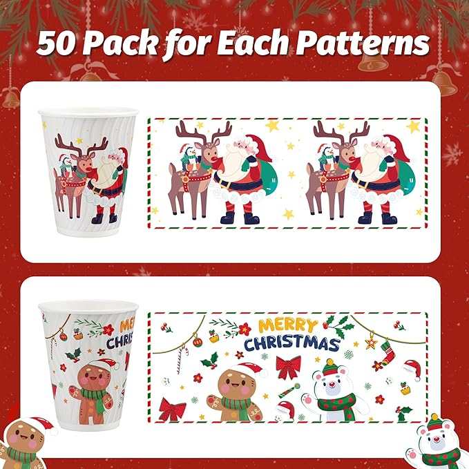 Clawsoff Christmas 100 Pack Coffee Cups with Lids 12oz, Disposable Insulated Ripple Wall To Go Paper Coffee Cups for Hot/Cold Drinks Office Home Shop Event