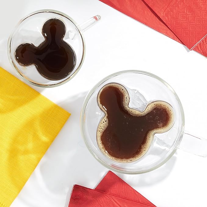 JoyJolt Disney Mickey Mouse 3D Espresso Cups 5.4oz Glass Set of 2 - Insulated Double Wall Design, Unique Coffee Mugs
