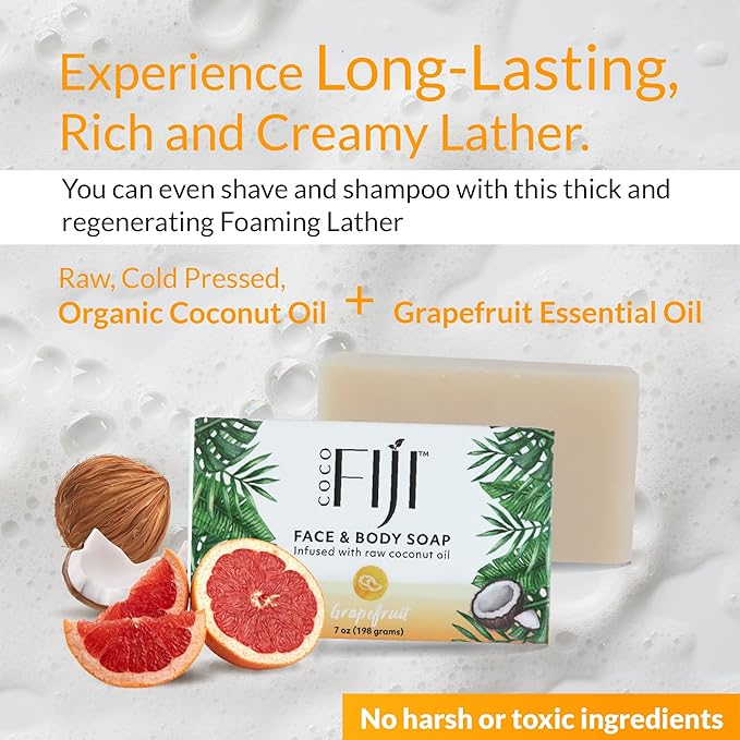 Coco Fiji Soap Bar for Face and Body Infused With Organic Coconut Oil, Grapefruit, Essential Oil, Natural Soap for Moisturizing & Pore Purifying Skin, 7 oz,Pack of 2