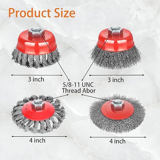 Gaquolam 10 Pack Wire Wheel Brush for 4 1/2 Angle Grinder, 5/8"-11 Thread Arbor,4 & 3 Inch Twist Knotted Coarse Crimped Wire Brushes (8pcs Wire Wheels)