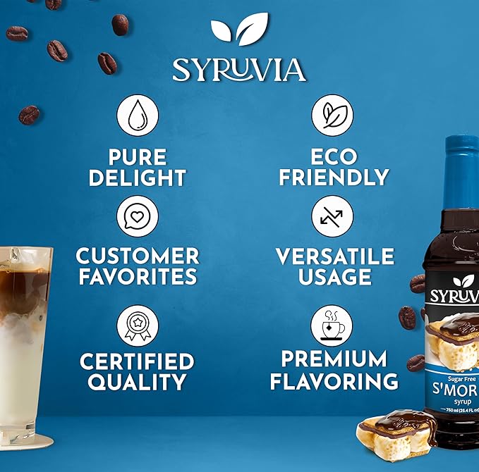 Syruvia Sugar Free Coffee Syrup, S'mores Flavored Syrup for Drinks, Lattes, and Desserts – 25.4 fl oz, With Pump