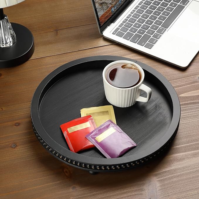 Bamboo Land- Round Decorative Trays for Coffee Table, 12", Black, Wood Tripod & Beaded Design, Wooden Round Tray for Coffee Table