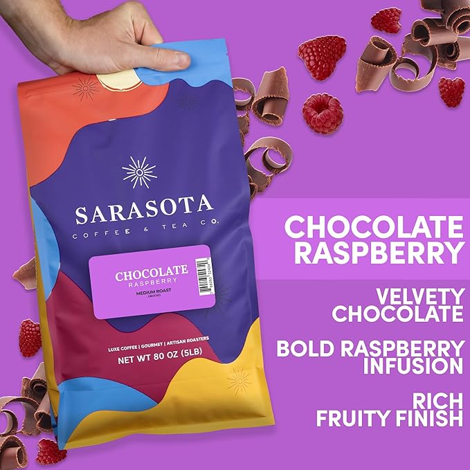 Sarasota Coffee Ground Chocolate Raspberry | Medium Roast Gourmet Flavored Coffee Grounds | Low Acid, Mold Free, Specialty Grade Flavored Bulk Ground Coffee | 5lb (80 oz)