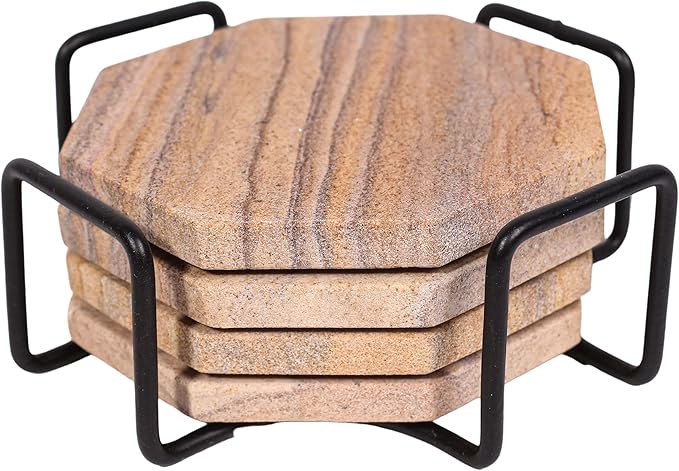 Sandstone Water Absorbent Hand Crafted Octagon Coasters with Holder for Drinks 4 Inches Wide Thirsty Stone Bar/Drink Coasters Made from Real Solid Stone (with Holder, Set of 4)