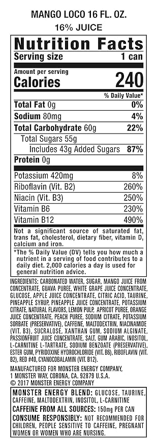 Monster Energy Juice Monster Mango Loco, Energy Drink, 16 Ounce | Energy + Juice, Pack of 15