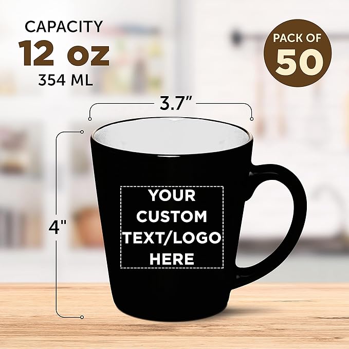 Custom Ceramic Coffee Latte Mugs 12 oz. Set of 50, Personalized Bulk Pack - Perfect for Coffee, Tea, Espresso, Hot Cocoa, Other Beverages - White