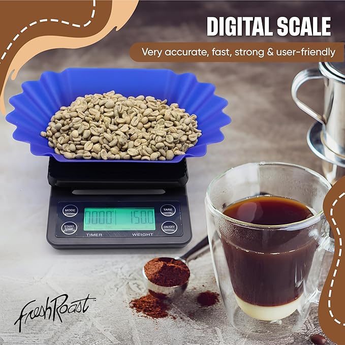 Fresh Roast Coffee Roaster Bundle SR800, Glass Extension Tube, Pour Over Digital Scale, (4lbs) Sample Pack of Green Beans, (2-Pack) Sample Trays, Chaff Brush