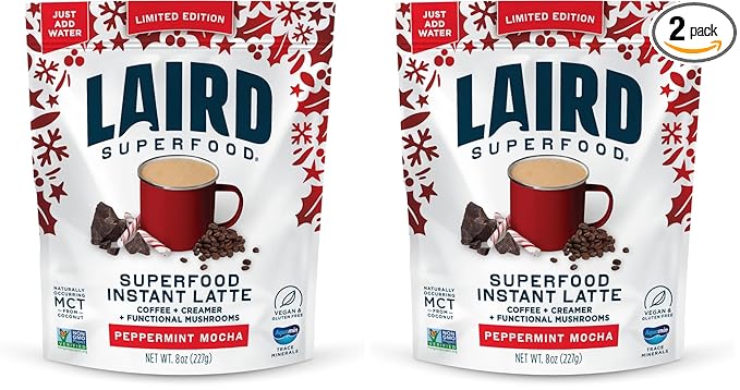 Laird Superfood Peppermint Mocha Instant Latte with Adaptogens – Antioxidants and Superfood Coconut Creamer – Boost of Functional Fuel – Gluten Free, Non-GMO, Vegan, 8 oz. Bag, Pack of 2