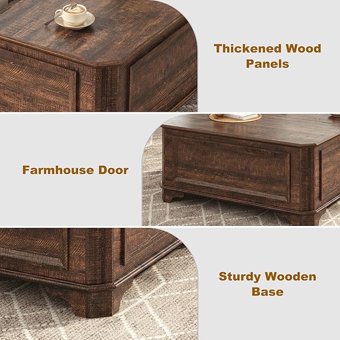 40 Inch Farmhouse Lift Top Coffee Table with Charging Station & Hidden Storage - Square Center Table with Adjustable Lifting Top, Large Storage Cabinet for Living Room, Bedroom, Home Office, Brown