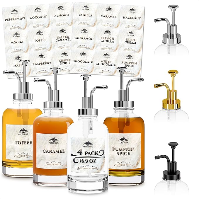 Set of 4 Glass Syrup Bottle with Pump 16.9oz 500 ml – Thick Glass Syrup Dispenser with 18 Marked Labels, Leak-Proof, Easy Cleaning – Coffee Bar Essentials for Home | Event Ready (Silver Pumps)