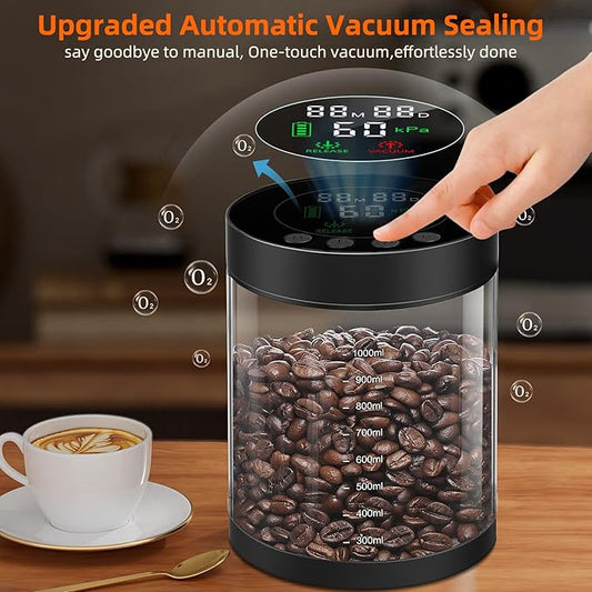 Electric Vacuum Coffee Canister, 1.3L Glass Airtight Food Storage Containers with Smart Pressure Sensor, Automatic Coffee Bean Container Rechargeable with LED Display Window for Kitchen Food Storage