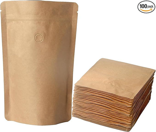 100 Pack Kraft Coffee Bags with Zipper Lock, High Barrier Resealable Stand Up Coffee Pouches, Degassing Valve for Coffee, Size for 12oz/340 Grams Beans or Grounded