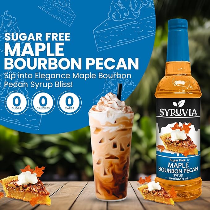 Syruvia Sugar Free Coffee Syrup, Maple Bourbon Pecan Flavored Syrup for Drinks, Lattes, and Desserts – 25.4 fl oz, With Pump