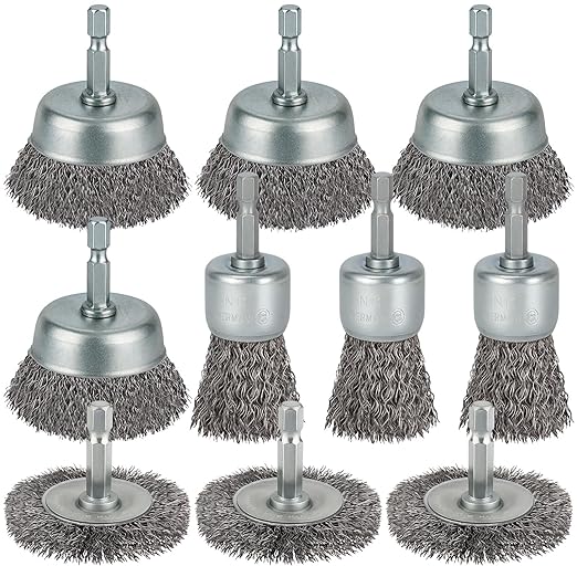 10 Pcs Wire Brush for Drill, Coarse Carbon Steel Crimping Wire Wheel Brush, 1/4 Inch Hex Shank, Wire Cup Brush Drill Bit for Cleaning Rust, Stripping and Abrasive