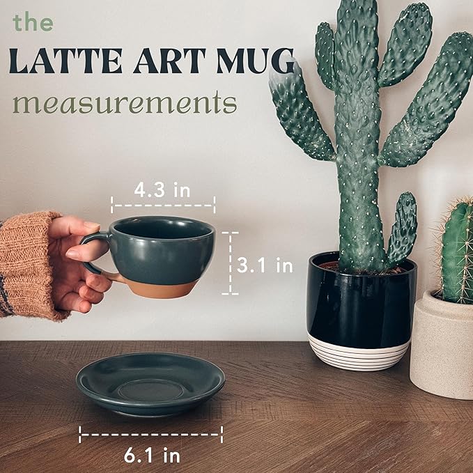 MORA Ceramic Latte Art Mug With Saucer - 10.5 oz, Round Bottom For Perfect Pours - Cafe Cups for Cappuccino, Espresso, Coffee, Tea etc - Porcelain Set for Baristas, Great Gift - Shadow Grey