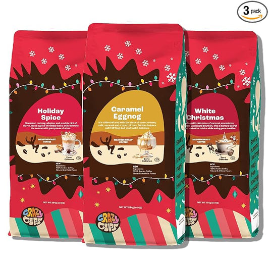 Crazy Cups Flavored Holiday Ground Coffee Variety Pack, Includes Holiday Spice, White Christmas, Caramel Eggnog in 10 oz Bags, 3 Pack