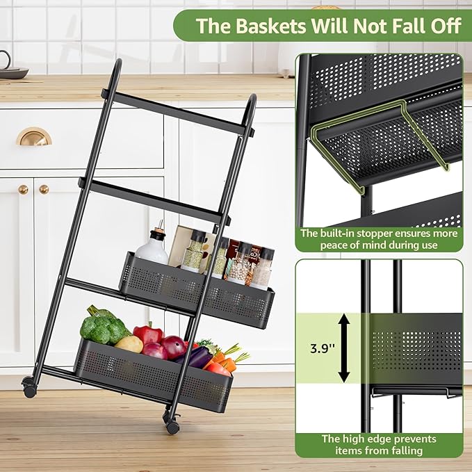KINGRACK 4-Tier Slim Storage Cart with Pull Out Basket, Rolling Bathroom Organizer Utility, Metal Shelving Unit Slide Out, Lockable Wheels, Easy Assembly for Narrow Place, Kitchen, Laundry Room, Black