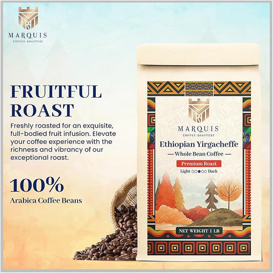 Marquis - Ethiopian Yirgacheffe Coffee Beans, Rich and Bold, Fresh Medium Roast Coffee with a Fruity Flavor, Premium Ethiopian Whole Beans - 1 lb