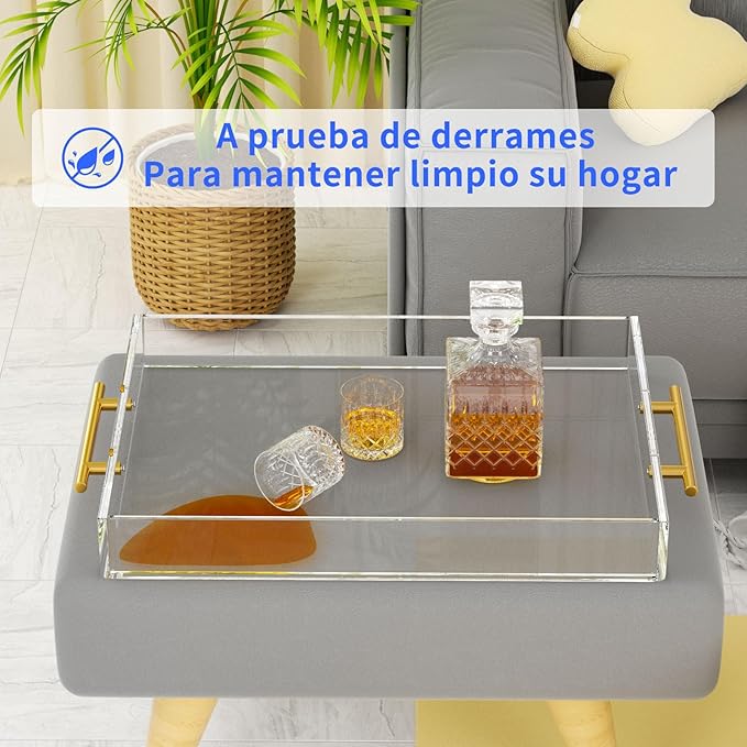 NIUBEE Clear Serving Tray 12x16 Inches -Spill Proof- Acrylic Decorative Tray Organiser for Ottoman Coffee Table Countertop with Round Handles
