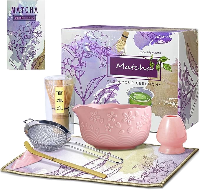 Matcha Whisk Set, Pink Matcha Set, Ceramic Matcha Kit, Matcha Tea Set Includes Matcha Bowl, Matcha Whisk, Matcha Whisk Holder, Bamboo Scoop, Powder Sifter - 7 Pcs Matcha Set Christmas Gifts for Women