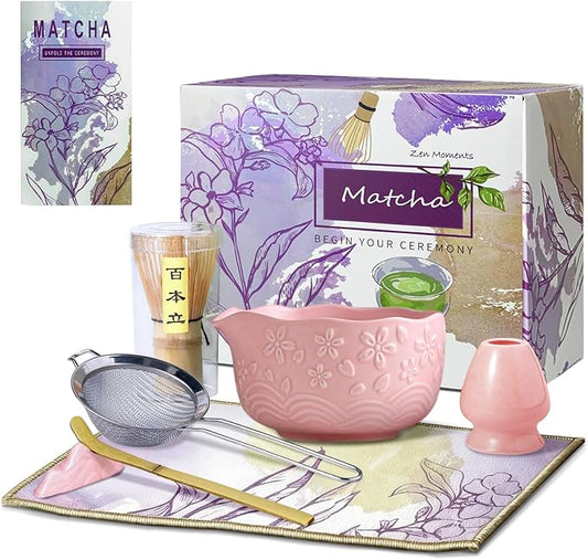 Matcha Whisk Set, Pink Matcha Set, Ceramic Matcha Kit, Matcha Tea Set Includes Matcha Bowl, Matcha Whisk, Matcha Whisk Holder, Bamboo Scoop, Powder Sifter - 7 Pcs Matcha Set Christmas Gifts for Women