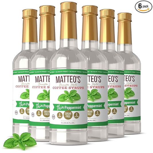 Matteo's Peppermint Syrup for Coffee, Lattes, Cappuccinos & Desserts – Sugar-Free Sweetener for Beverages, Keto Friendly, Zero Calories, Indulgent Flavor, Non-Alcoholic, Ideal for Coffee 33.8oz (6pk)