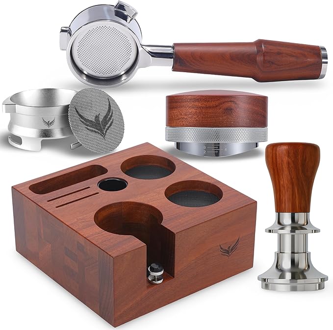 KNODOS Breville Espresso Accessories Kit 54mm Bottomless Portafilter, Auto-Level Tamper, Coffee Distributor, Dosing Funnel with Puck Screen & Wooden Tamping Station