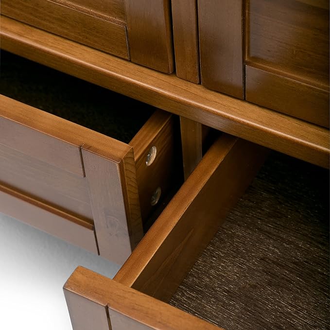 SIMPLIHOME Warm Shaker Console Table - 48 Inch Wide Solid Wood Sofa Table in Light Golden Brown, Transitional Storage Table for Living Room with 4 Drawers, Open Shelf, and Brushed Nickel Knobs