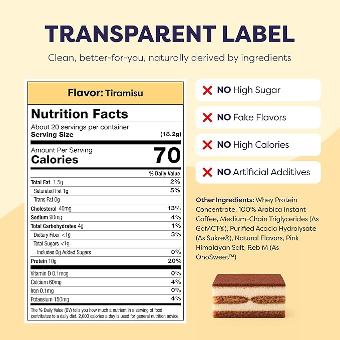 Tiramisu Protein Iced Coffee - Premium Whey Protein & Instant Iced Coffees - 100% Natural Cold Brew- Zero Artificial Flavors & Sweeteners, 80 mg Caffeine Per Serving, No Added Sugar, 20 Servings