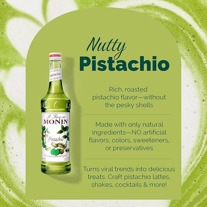 Monin - Pistachio Syrup | Rich & Buttery Sweetness, Premium Syrup for Coffee, Cold Brews & More | Clean Label with No Artificial Flavors, No Artificial Preservatives (BPA Free Bottle, 25.4 fl oz)