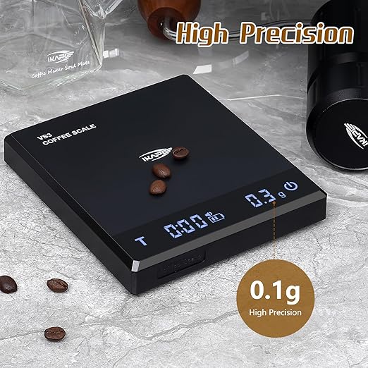 IKAPE Digital Coffee Scale with Timer, 2kg/0.1g High Precision Rechargeable Drip Espresso Scale with Tare Function, LED Display(Black)