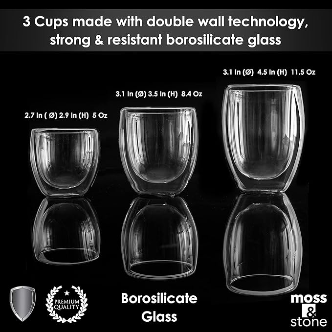 Moss & Stone Set of 3 Double Wall Glass Cup Clear Mug, Double Walled Coffee Mugs, Glass Tea Mugs, Insulated Coffee Mug Egg Shape.