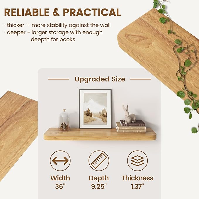 Reclaimed Elm Wood Floating Shelves for Wall Round Edge, 36"W x 9.2"D x 1.37"H, Set of 2 with Invisible Bracket, Wall Mounted Shelves for Living Room Bedroom Kitchen Bathroom Decor, Natural Finish