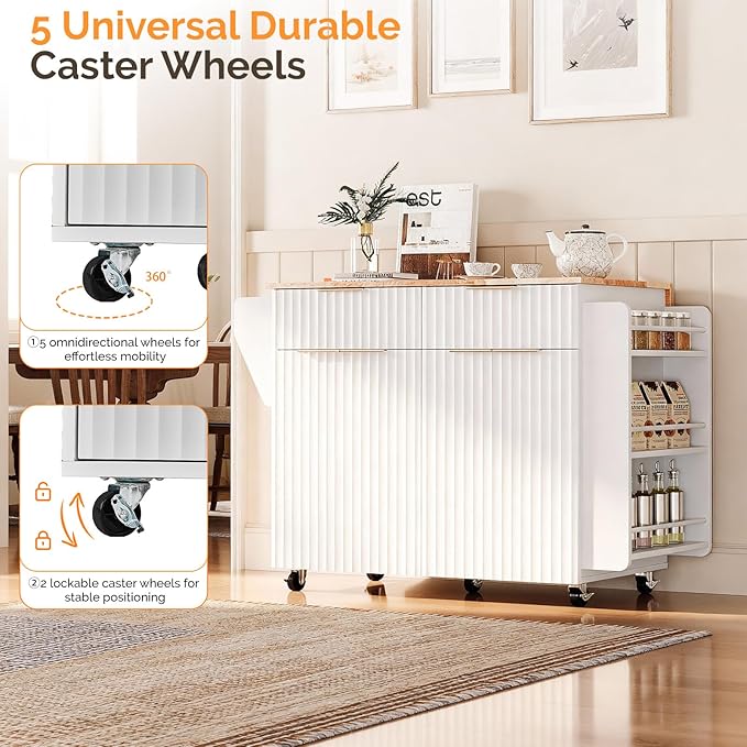 VINGLI Fluted Kitchen Island Cart on Wheels with 2 Drawers & 4 Doors, Adjustable Shelves, Towel Rack & Safety Bar Storage, Small Portable Rolling Kitchen Island, White