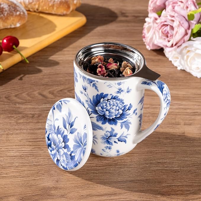 AmorArc Porcelain Tea Mug with Infuser and Lids, 18 Oz Coffee Cup Strainer with Bag Holder for Loose Leaf Tea, Steeping Coffee Mug for House-warming Wedding Birthday Gift