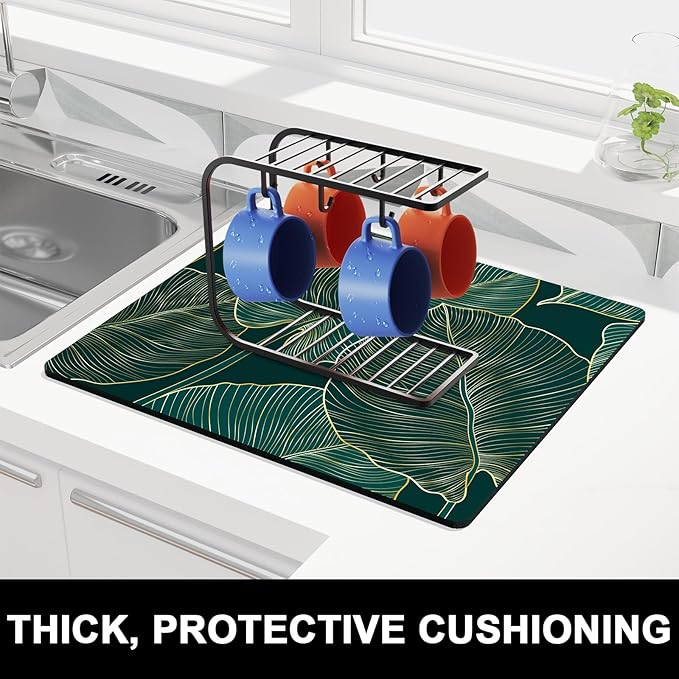 Rnivvi Dish Drying Mat for Kitchen Counter, 16 x 18" Boho Theme Absorbent Heat Resistant Drying Pad with Non-slip Rubber, Coffee Bar Mats for Dish Rack Kitchen Decor Accessories, Tropical Palm