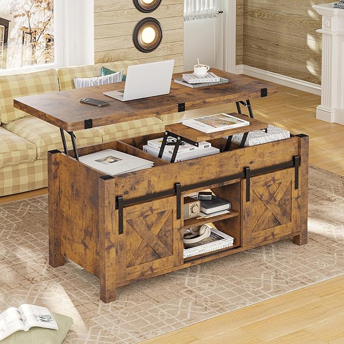 SEDETA Lift Top Coffee Table, 4 in 1 Convertible Coffee Tables with Storage and Hidden Compartment for Living Room, Farmhouse Coffee Table Converts to Dining Table, Dining Reception Room, Rustic Brown