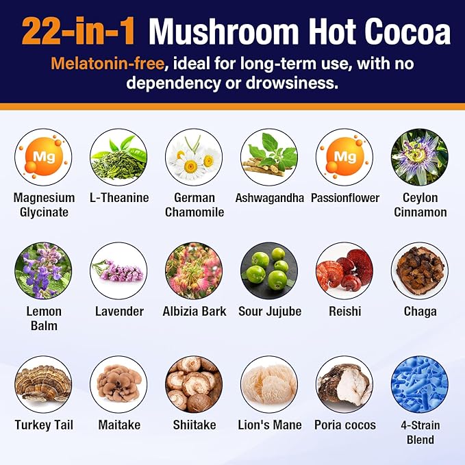 Mushroom Hot Cocoa with Magnesium Glycinate, Reishi, L-Theanine, Ashwagandha, Lemon Balm, Lavender, Cacao Powder Organic Hot Chocolate Supplement for Sleep, Relaxation, No Melatonin, Vegan, 7.4oz