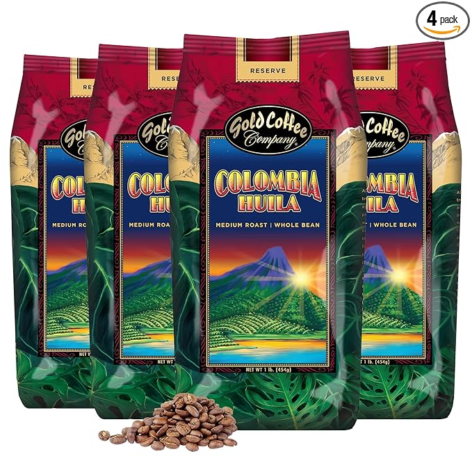 Gold Coffee | Premium Colombia Huila, Medium Roast, Whole Bean | 100% Colombian Coffee, 1 lb. (Pack of 4)