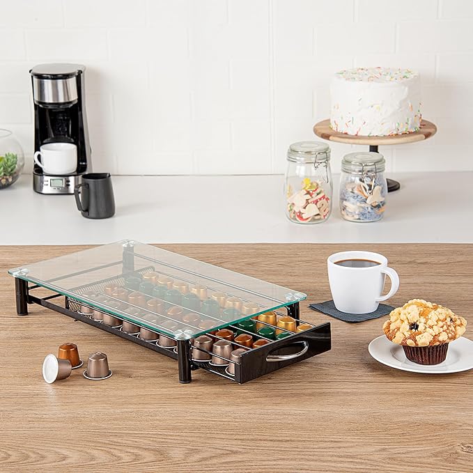 Restaurantware Restpresso 15.9 x 9.3 x 2.8 Inch Coffee Capsule Drawer 1 Heavy-Duty Pod Drawer - Holds 40 Nespresso Capsules Glass Top Iron Espresso Pod Organizer Mesh Tray Pods Not Included