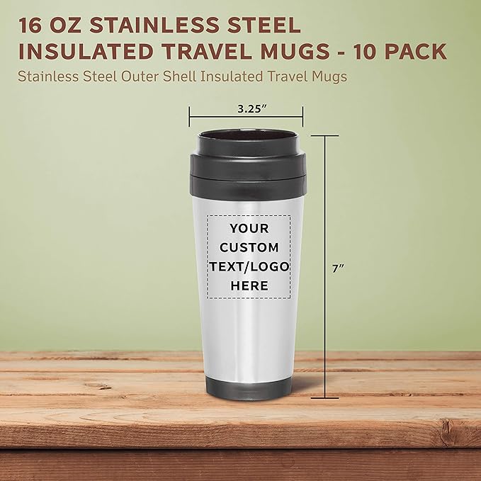 Custom Insulated Stainless Steel Travel Mugs 16 oz. Set of 10, Personalized Bulk Pack - Perfect for Iced Coffee, Soda, Other Hot & Cold Beverages - Stainless Steel