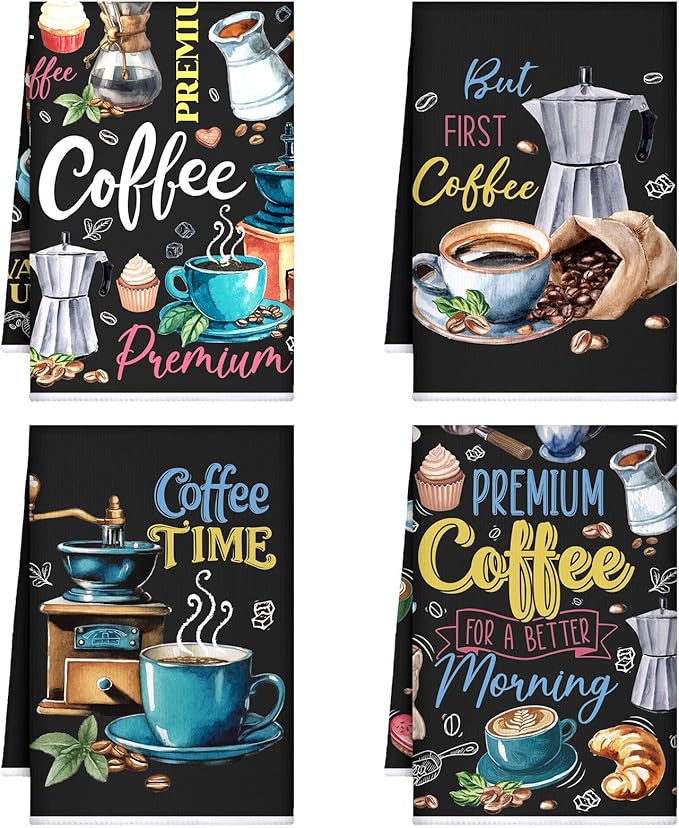 Ferraycle 4 Pieces Kitchen Dish Cloths Coffee Kitchen Hand Towels Absorbent Tea Towels 24 x 16 Inches, Cafe Lover Gift Bar Decorative Dish Cloths Rags, for Farmhouse(Black,Coffee Time)