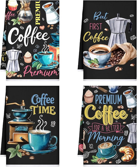 Ferraycle 4 Pieces Kitchen Dish Cloths Coffee Kitchen Hand Towels Absorbent Tea Towels 24 x 16 Inches, Cafe Lover Gift Bar Decorative Dish Cloths Rags, for Farmhouse(Black,Coffee Time)