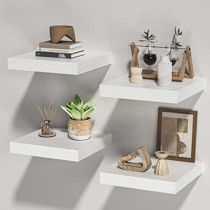 Square Floating Shelves for Wall, 10" W x 10" D x 1.4" H, Small Wooden Wall Mounted Display Shelves with Invisible Brackets for Living Room, Bedroom, Bathroom, Kitchen Decor, Set of 4, White
