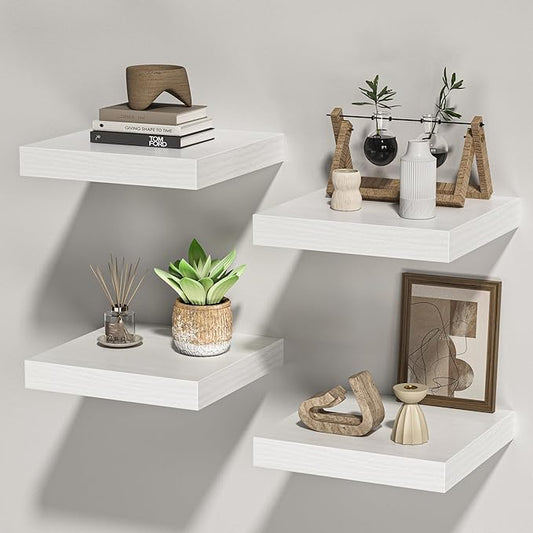 Square Floating Shelves for Wall, 10" W x 10" D x 1.4" H, Small Wooden Wall Mounted Display Shelves with Invisible Brackets for Living Room, Bedroom, Bathroom, Kitchen Decor, Set of 4, White
