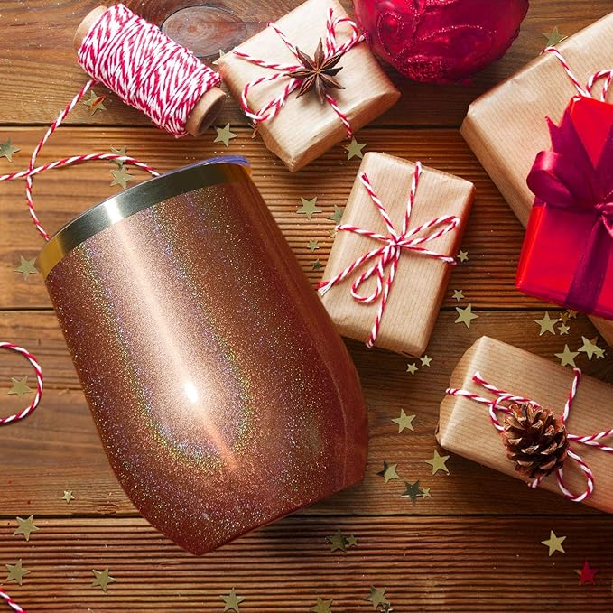 MEWAY 12oz/12 Pack Wine Tumbler Glasses with Lid - Stemless Double Wall Vacuum Stainless Steel Glitter Tumbler - Keeping Cold & Hot Cup for Coffee,Gift for Women(Rainbow Rose Gold,Set of 12)